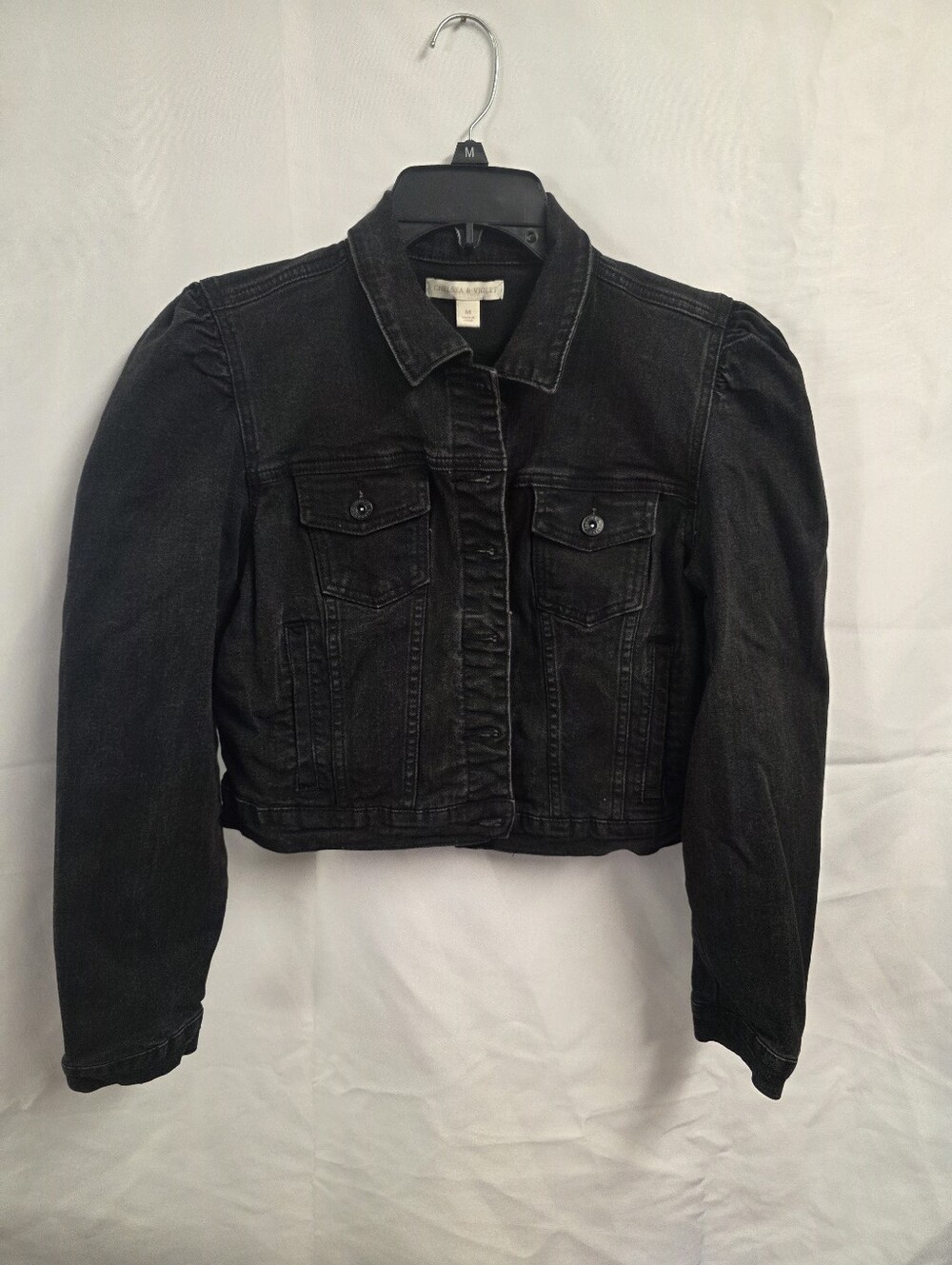 Chelsea & Violet Black Cropped Jean Jacket with Puff Shoulders